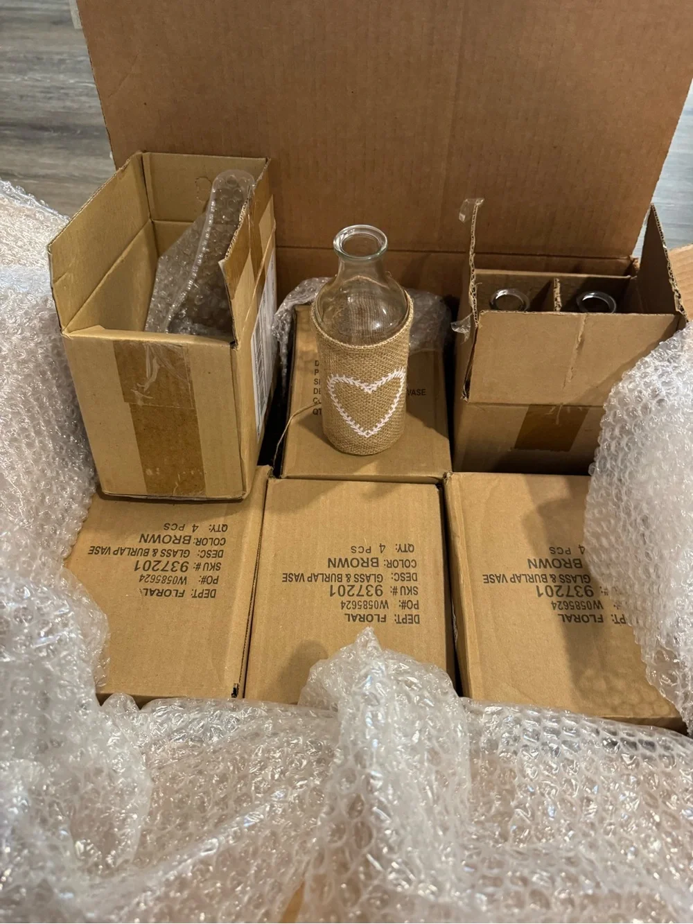 21 New Rustic Clear Glass Decorative Bottles Burlap Wrap White Heart 7.75